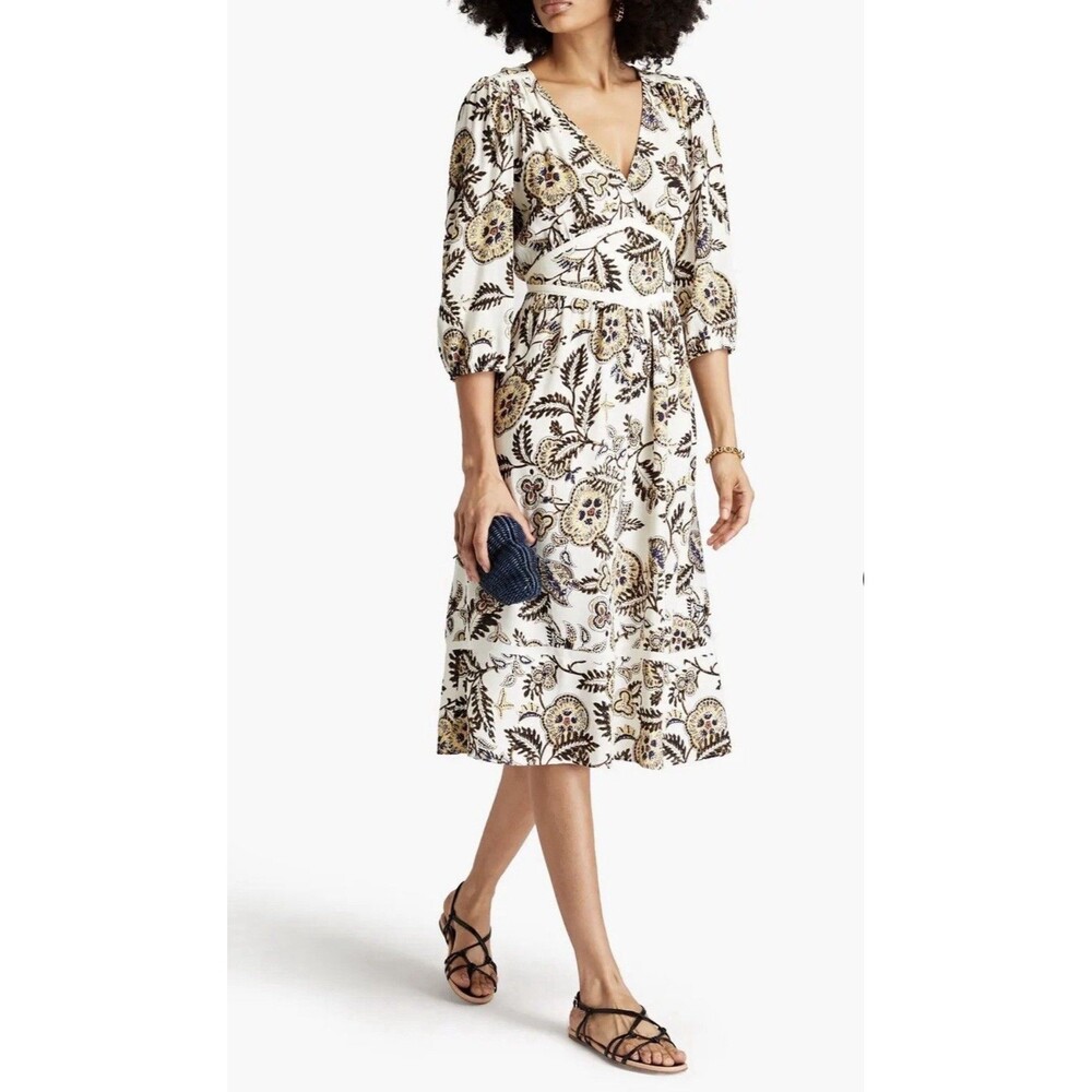 BA&SH Robe Vienne Printed Crepe Ecru Multicolored Midi Dress Women’s Size 2 NWT